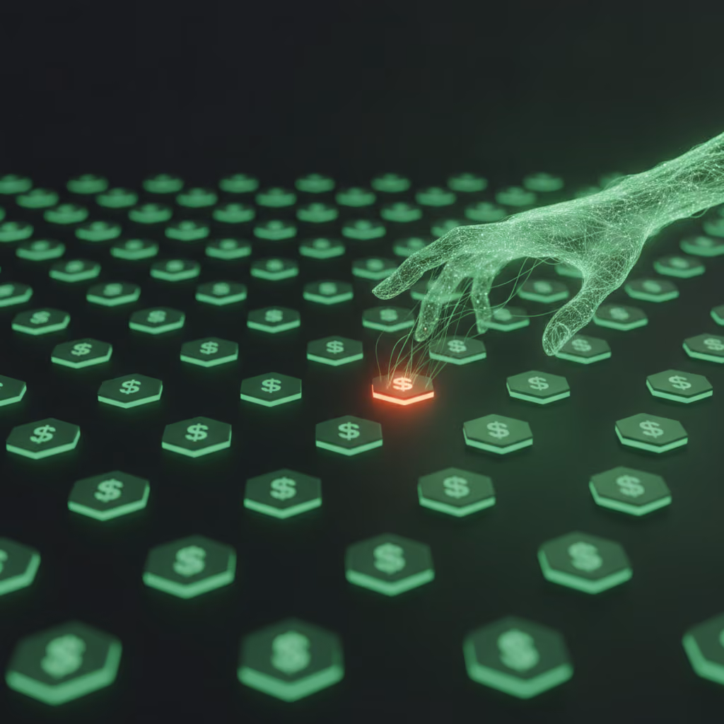 A single mis-valued transaction glowing red among rows of correct green transactions, with an AI presence reaching in to correct it.