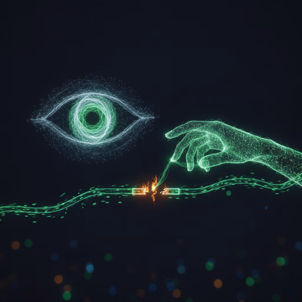 An AI eye watching as a glowing hand reconnects a broken link in a data pipeline, catching its own regression