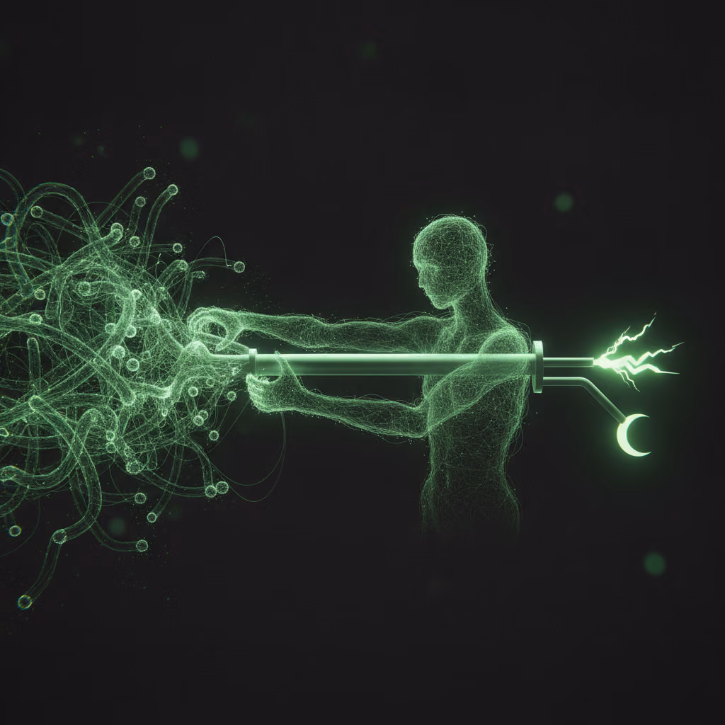 An AI presence rebuilding a tangle of integration pipes into one clean shared component that splits into an instant sync and a nightly sync