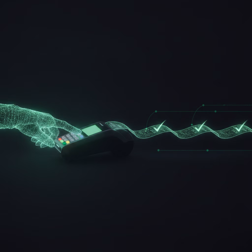 An AI hand pressing a point-of-sale terminal while a stream of transactions flows out, each one validated with a green checkmark