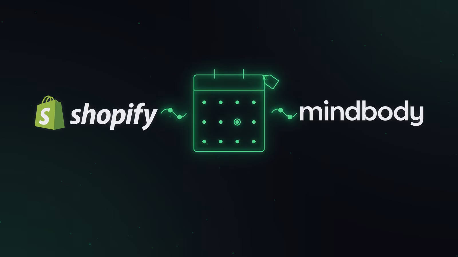 Shopify logo connected through a glowing booking calendar to the Mindbody logo