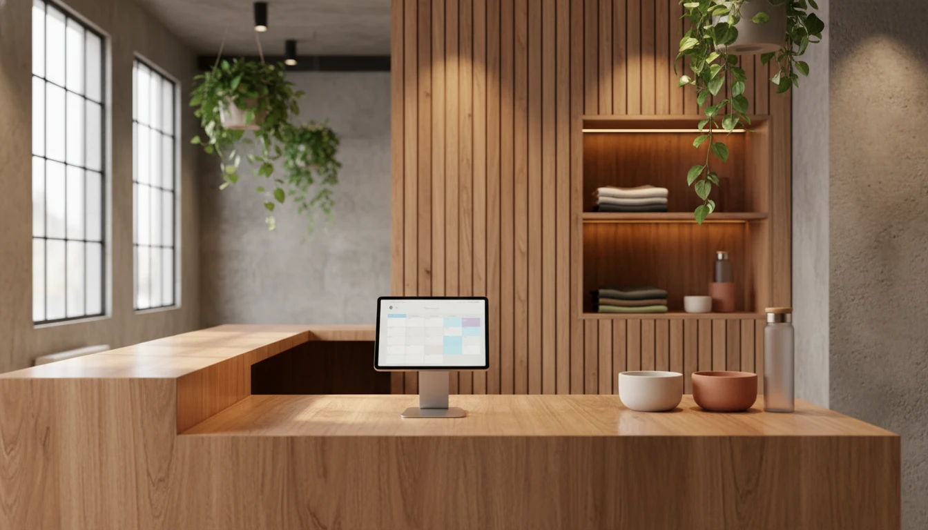 Boutique pilates and yoga studio reception with a class-booking screen on the counter beside a small retail shelf of folded apparel and products, warm daylight.