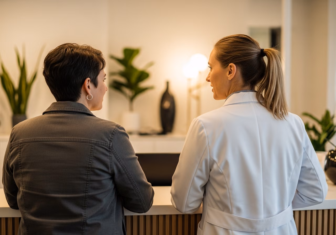 Foto eines Chiropraktikers im Gespräch mit einem Patienten an einem Empfangstresen in einer sauberen, modernen Klinik, beide von hinten gesehen, weiches, warmes Licht, verschwommene Pflanzen und.