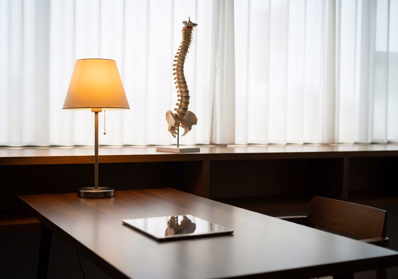 Foto eines Behandlungstisches in einem Chiropraktiker mit einem anatomischen Wirbelsäulenmodell auf einem Regal dahinter, einem geschlossenen Tablet auf dem Tisch, warmem Lampenlicht, sanftem Tageslicht.