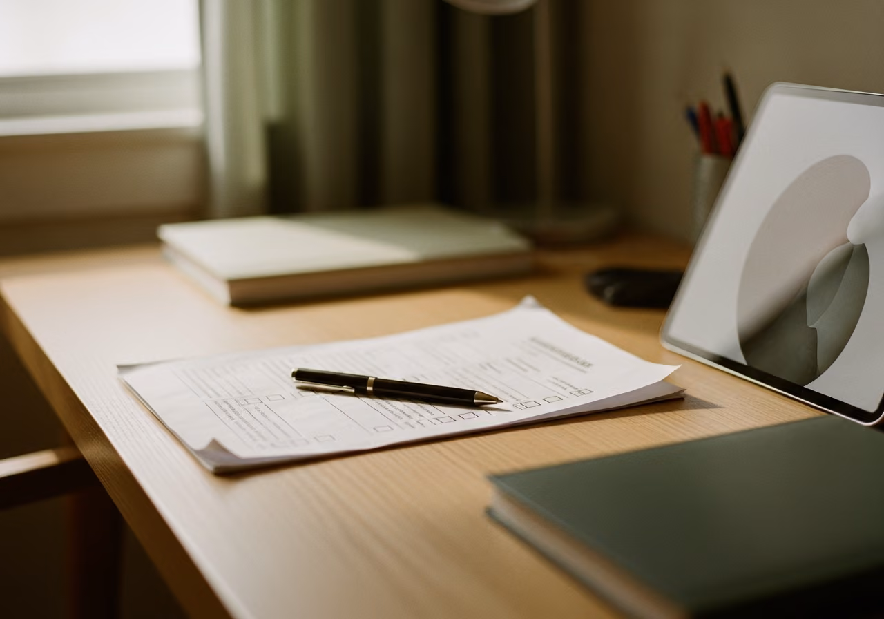 Foto eines Schreibtisches mit einer ausgedruckten Checkliste, einem Stift und einem Tablet, sanftes Tageslicht, kein lesbarer Text auf dem Papier oder dem Bildschirm, warme neutrale Farbpalette, ungezwungene Dokumentaraufnahme.
