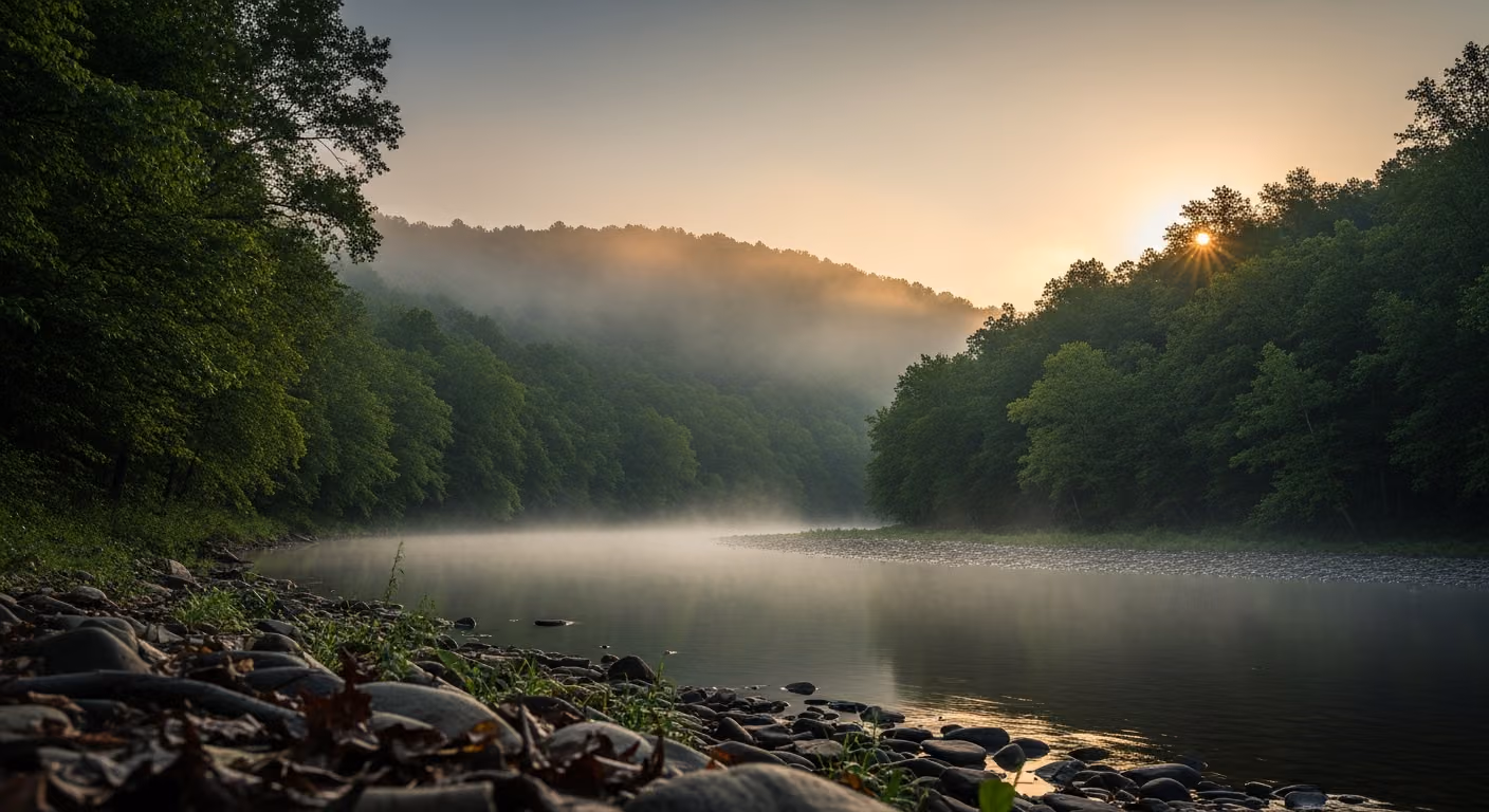 Fotografía de un paisaje que muestra un meandro brumoso de un río de los Apalaches al amanecer, con un frondoso bosque de árboles de hoja caduca en ambas orillas, una suave niebla que se cierne sobre el agua y ausencia de edificios.
