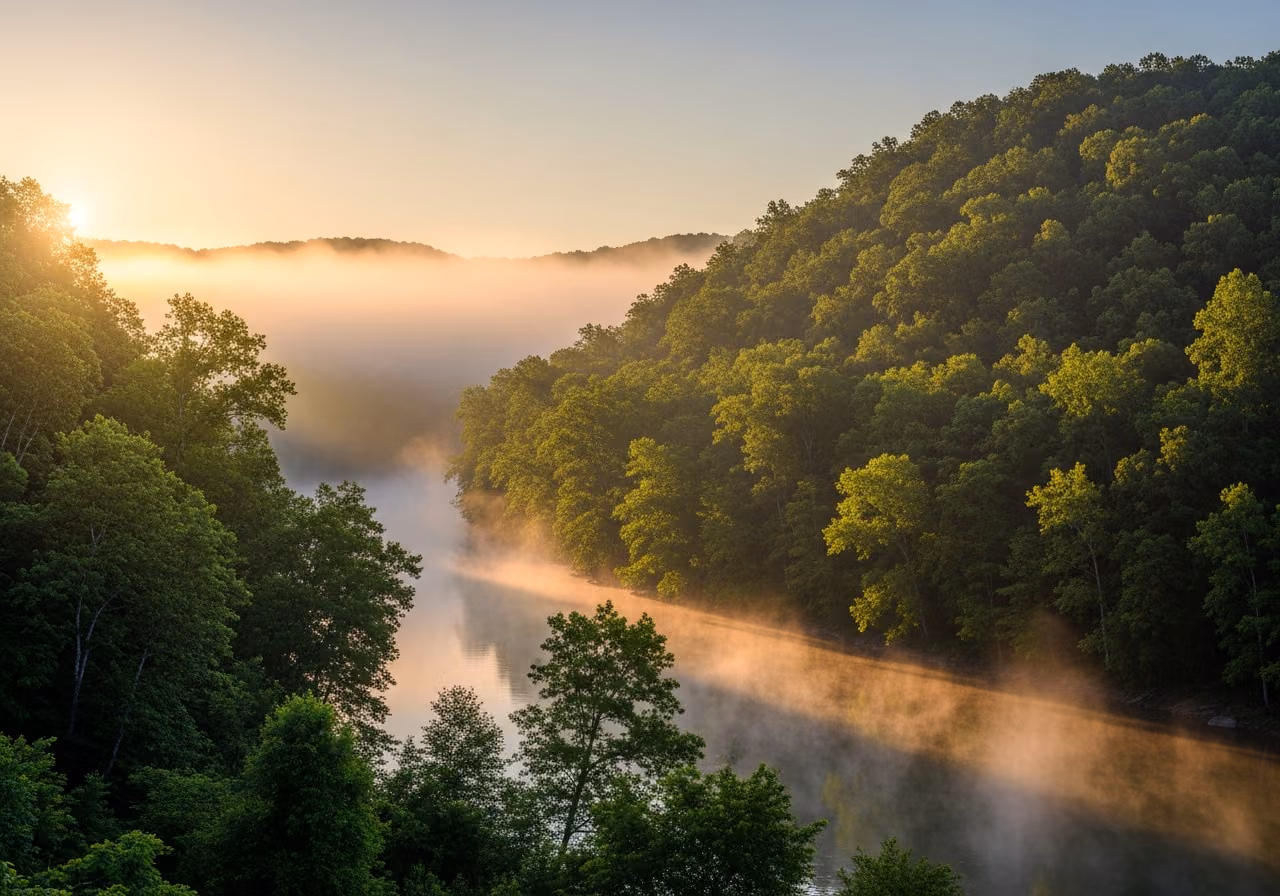 Landschaftsfoto einer nebligen Flussbiegung in den Appalachen im Morgengrauen, üppiger grüner Laubwald an beiden Ufern, sanfter Nebel über dem Wasser, keine Gebäude.