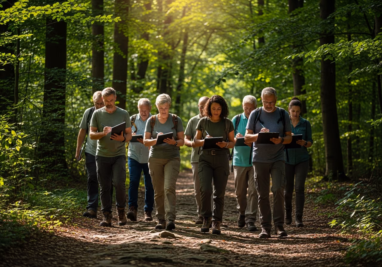 Weitwinkelaufnahme von Naturschutzhelfern, die mittags auf einem Waldweg entlanggehen, in einfacher Wanderkleidung, mit Notizbüchern und einem Klemmbrett, im gefleckten grünen Licht.