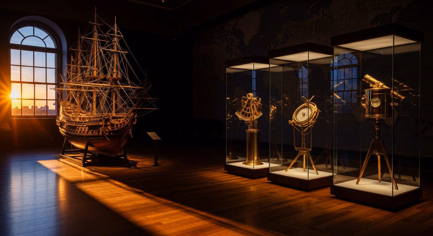 Interior de una galería de un museo marítimo al anochecer, con una iluminación espectacular sobre una gran maqueta de barco de madera e instrumentos de navegación de latón pulidos en vitrinas.