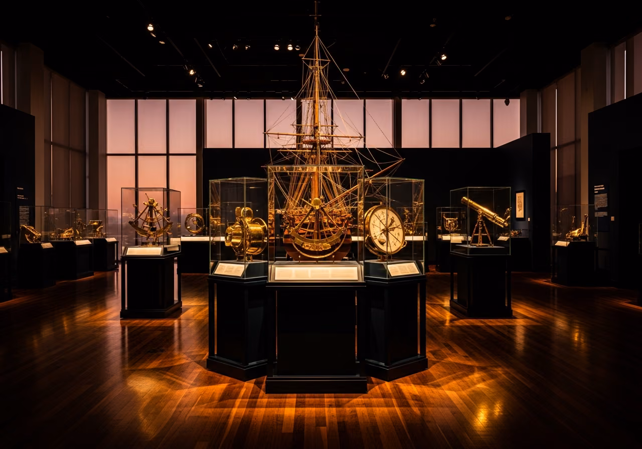 Interior de una galería de un museo marítimo al anochecer, con una iluminación espectacular sobre una gran maqueta de barco de madera e instrumentos de navegación de latón pulidos en vitrinas.