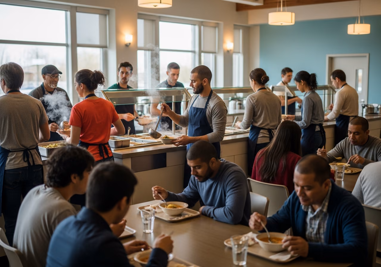 Imagen de una comida comunitaria que se sirve en un comedor limpio y bien iluminado de un refugio; voluntarios sirven sopa detrás de un mostrador y los comensales están sentados en mesas largas.