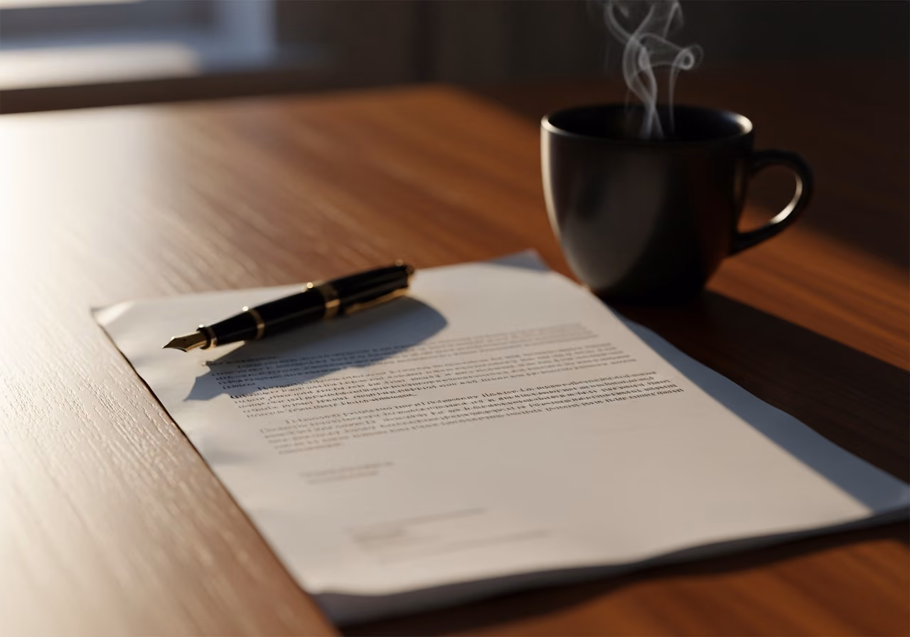 Primer plano de una carta de agradecimiento impresa a un donante sobre un escritorio de madera con una pluma estilográfica y una taza de café, luz suave de la tarde, ambiente tranquilo y sereno.