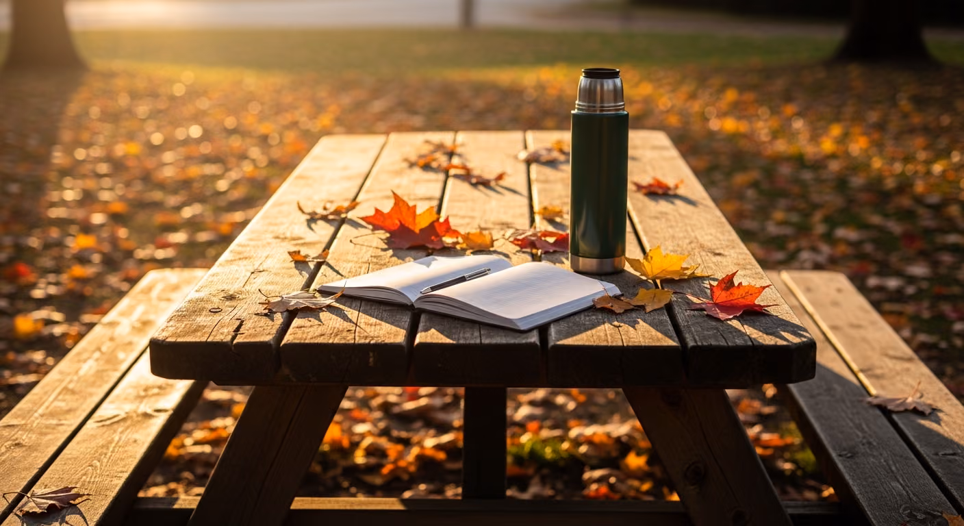 Fotografía espontánea de un mentor adulto y un adolescente trabajando juntos en una mesa de picnic de madera al aire libre en un parque, ambos leyendo un libro o un cuaderno, en una tarde soleada.