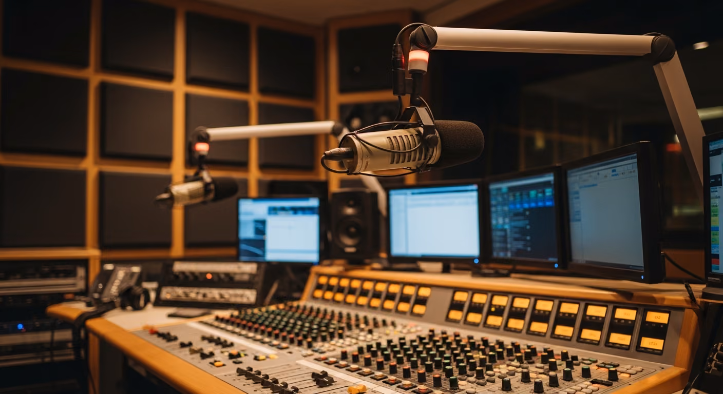 Plano de una cabina de transmisión de radio pública, con dos micrófonos en brazos ajustables, paneles insonorizantes y una mesa de mezclas en primer plano con un suave resplandor proveniente de un monitor.