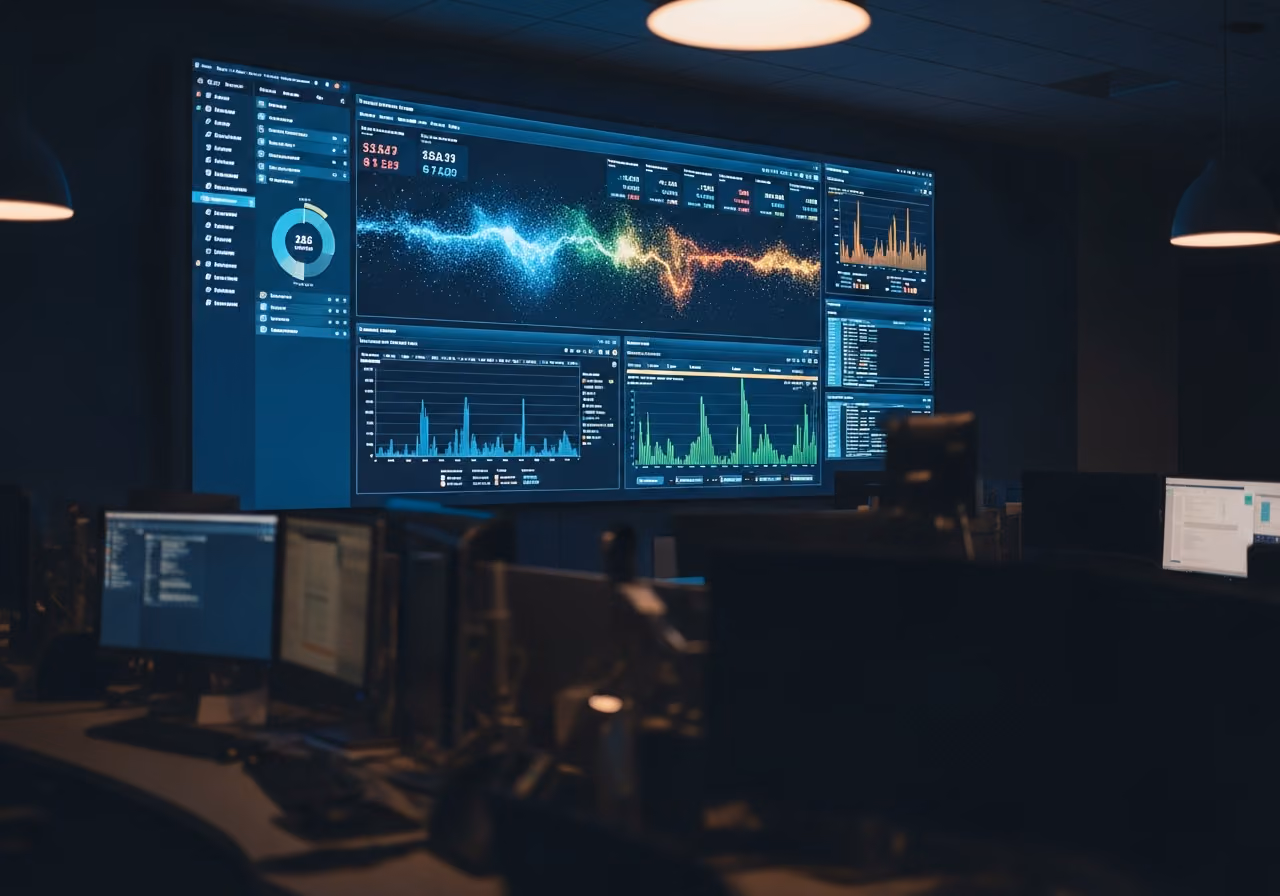 Aufnahme eines modernen Fundraising-Dashboards auf einem großen, an der Wand montierten Bildschirm in einem Bahnhofsbetriebsraum; Diagramme und Zahlen sind sichtbar, aber nicht lesbar; sanftes Umgebungslicht.