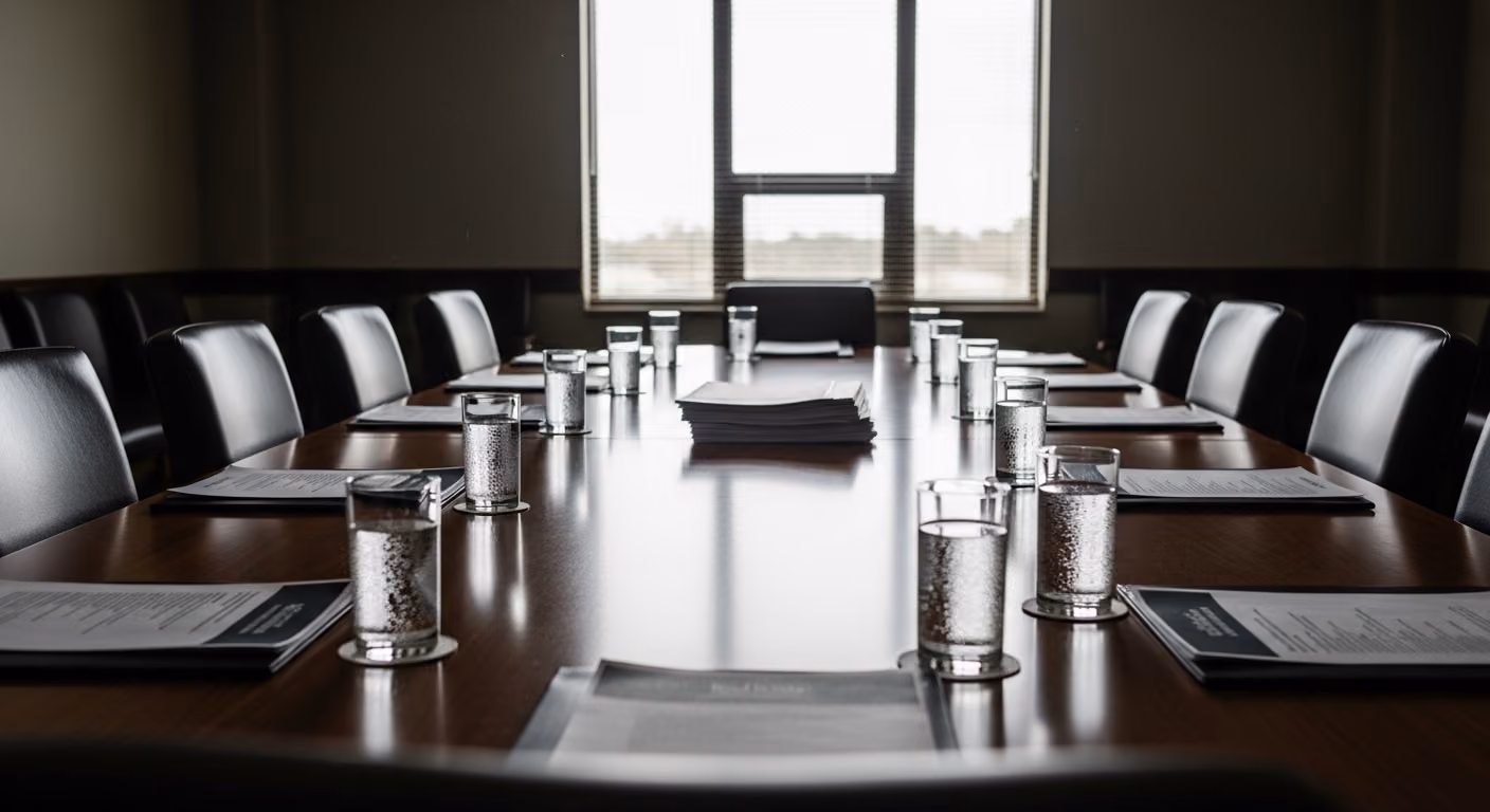 Imagen de una sala de conferencias de un distrito escolar con adultos de diversas procedencias sentados alrededor de una mesa de madera revisando informes impresos; la luz de la tarde entra por una gran ventana.