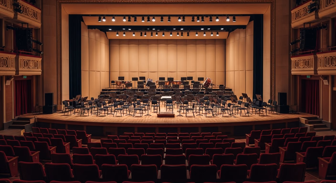 Plano general de una sala de conciertos vacía una hora antes de que empiece la función; las cálidas luces del escenario iluminan la disposición de la orquesta, con sillas y atriles, y un rico terciopelo rojo.