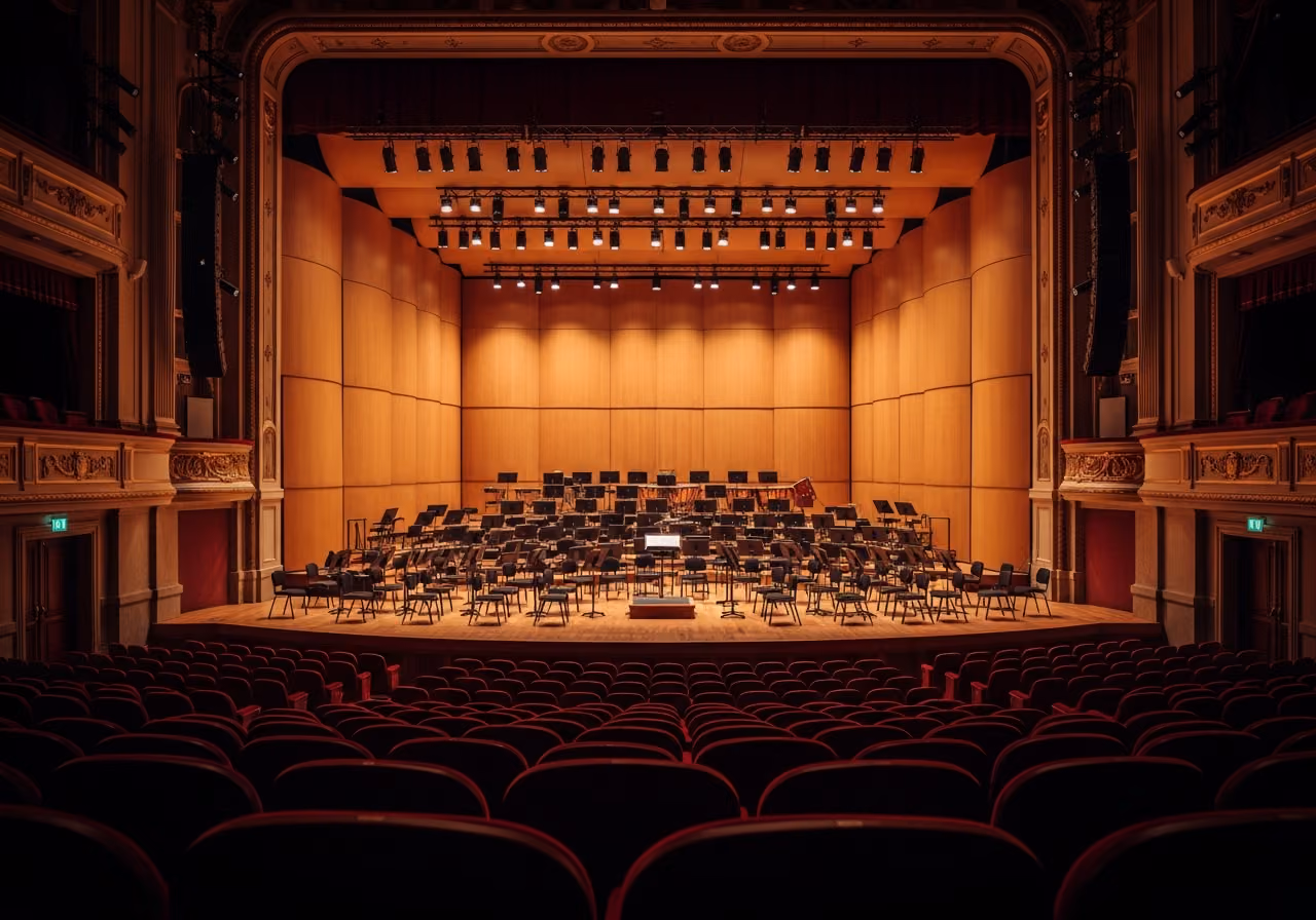 Plano general de una sala de conciertos vacía una hora antes de que empiece la función; las cálidas luces del escenario iluminan la disposición de la orquesta, con sillas y atriles, y un rico terciopelo rojo.