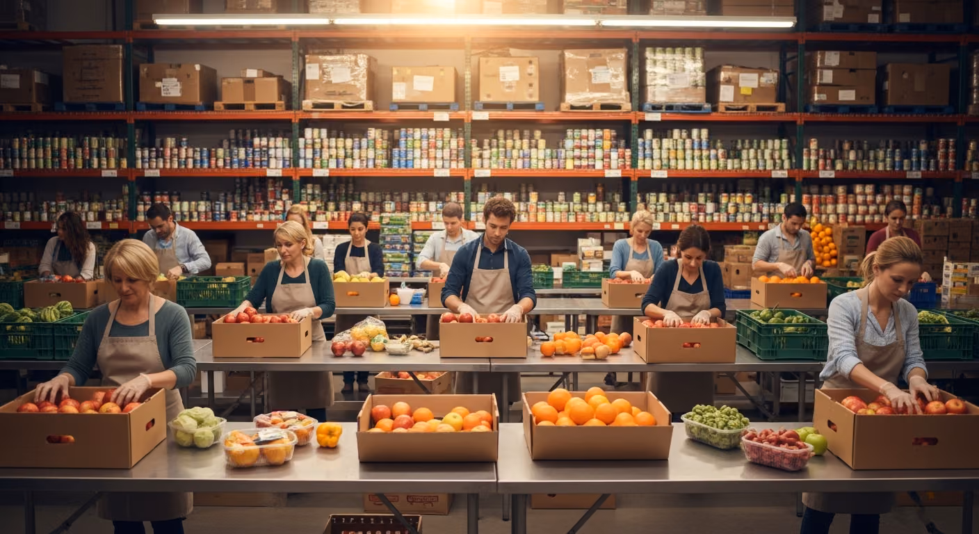 Plano general del interior de un concurrido almacén de un banco de alimentos regional, donde voluntarios con delantales sencillos clasifican productos frescos en cajas de cartón sobre largas mesas de acero inoxidable.