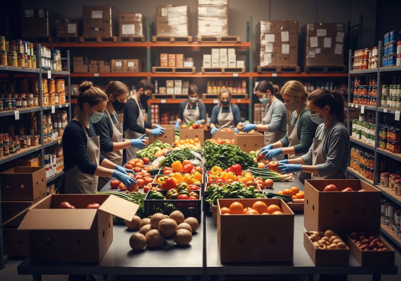 Plano general de un almacén de un banco de alimentos regional con voluntarios con delantales sencillos clasificando productos frescos en cajas de cartón sobre mesas de acero inoxidable, con una cálida luz cenital.