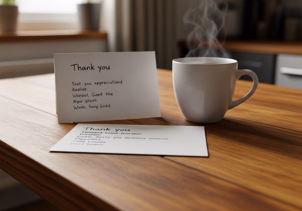 Primer plano de una tarjeta de agradecimiento escrita a mano junto a una taza de café sobre una mesa de cocina de madera, con la suave luz de la mañana que entra por una ventana; no se ven nombres.