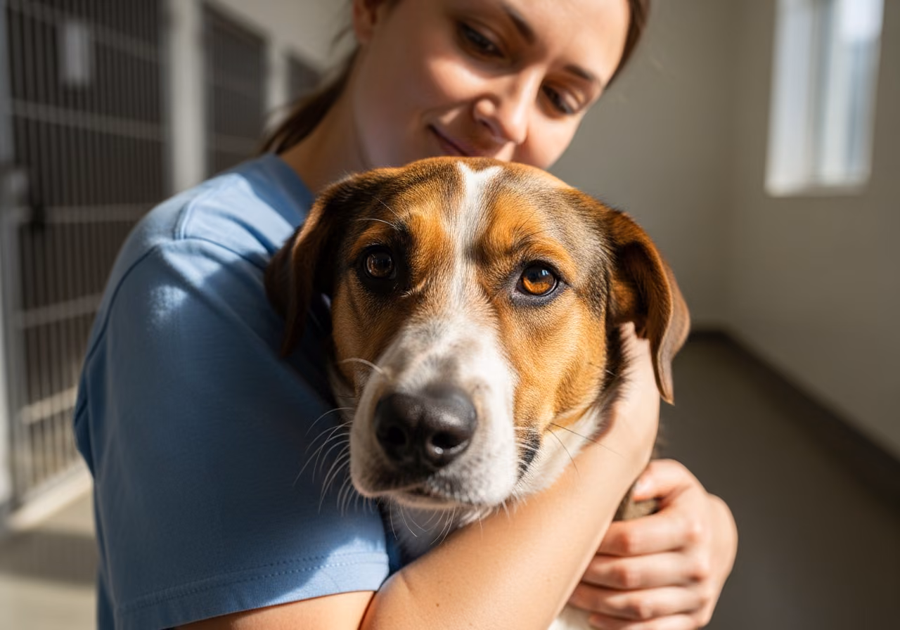 Primer plano de un perro de rescate tranquilo, sostenido con delicadeza por un voluntario en una zona limpia de perreras de un refugio; el fondo de las perreras está desenfocado y transmite una cálida sensación de esperanza.