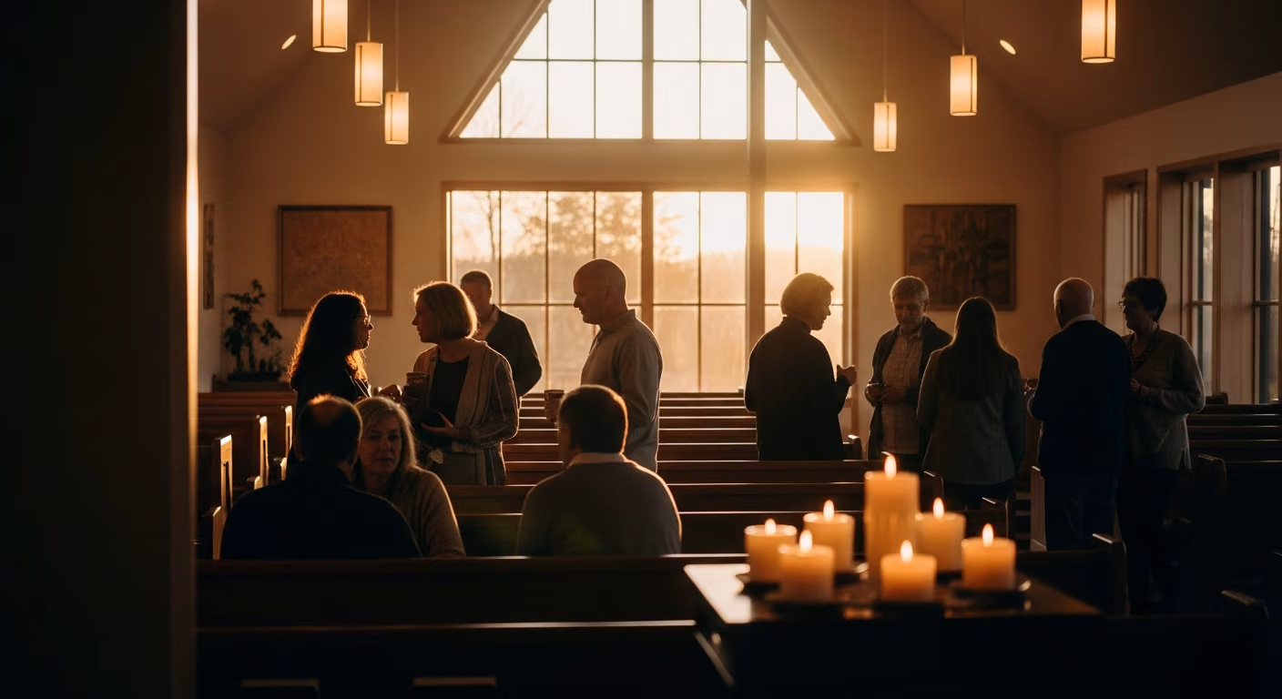 Imagen de una pequeña reunión comunitaria dentro de una sencilla capilla moderna, con la cálida luz dorada del atardecer entrando por las ventanas transparentes, gente de diversas edades conversando.