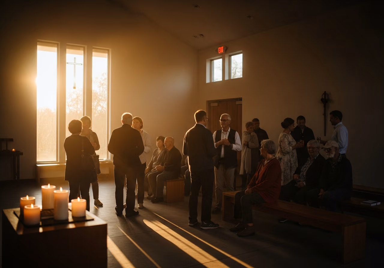Aufnahme einer kleinen Gemeindeversammlung in einer schlichten, modernen Kapelle; warmes Licht der goldenen Stunde strömt durch die klaren Fenster; Menschen unterschiedlichen Alters unterhalten sich.