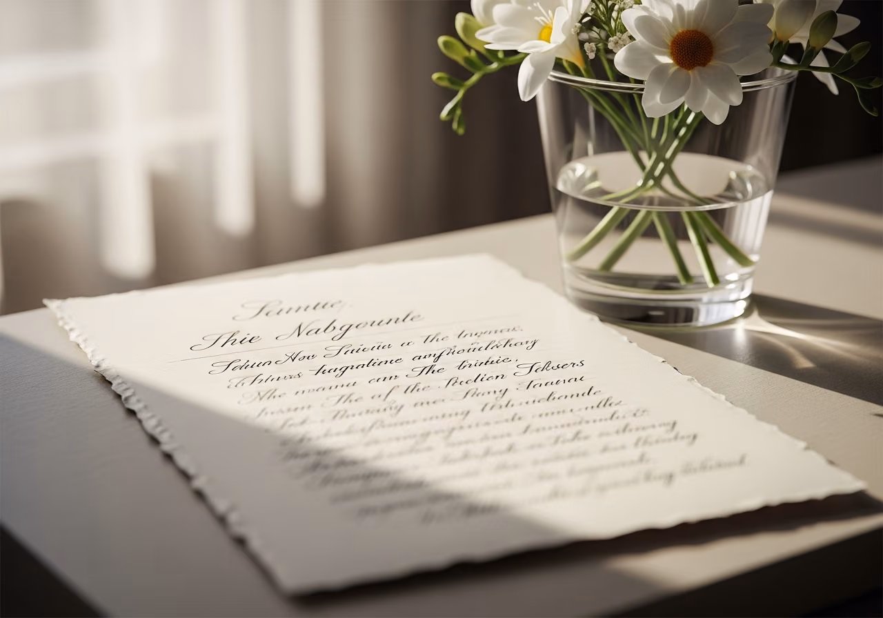 Nahaufnahme einer handgeschriebenen Notiz auf hochwertigem Briefpapier neben einer Vase mit schlichten weißen Blumen, sanftes Fensterlicht, ruhige, respektvolle Stimmung, keine sichtbaren Namen.
