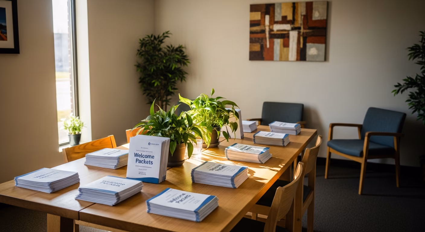 Imagen del interior de una acogedora oficina de reasentamiento comunitario: una mesa de madera con paquetes de bienvenida y plantas de interior, luz natural tenue que entra por una ventana alta, algunas habitaciones vacías.