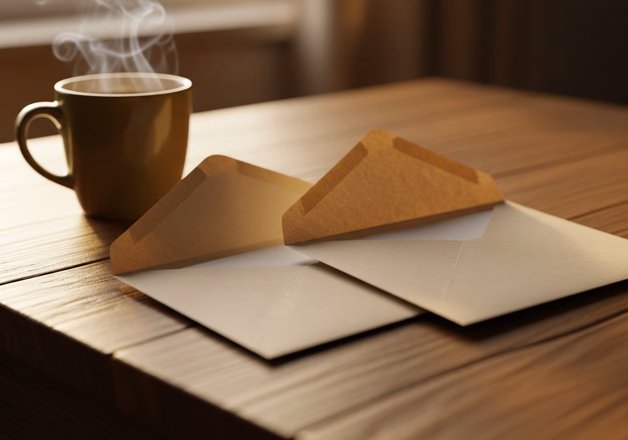 Nahaufnahme von zwei offenen Papierumschlägen auf einem Holzschreibtisch neben einer dampfenden Tasse Tee, Morgenlicht durchs Fenster, warme, gedeckte Farbpalette, kein lesbarer Text auf dem Umschlag.
