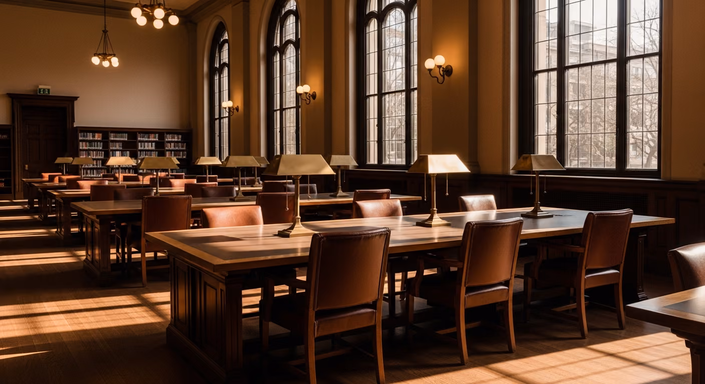 Imagen de una tranquila sala de lectura de una biblioteca universitaria, con largas mesas de madera con lámparas de escritorio de latón encendidas, altos ventanales arqueados con luz solar vespertina y sillas de cuero pulidas.