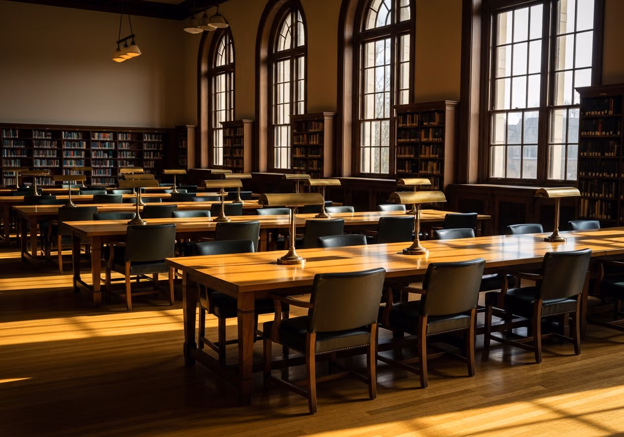 Aufnahme eines ruhigen Lesesaals in einer Universitätsbibliothek mit langen Holztischen, die von Messing-Schreibtischlampen beleuchtet werden, hohen Bogenfenstern, die die Nachmittagssonne hereinlassen, und Ledersesseln.