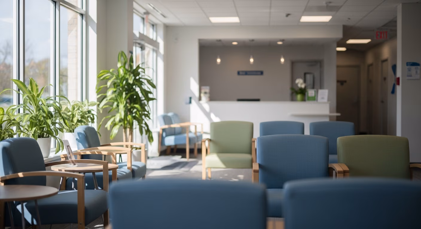 Imagen de la sala de espera de una clínica de salud comunitaria moderna, con cómodas sillas tapizadas en tonos azules y verdes suaves, un gran ventanal con luz natural tenue y una recepción.