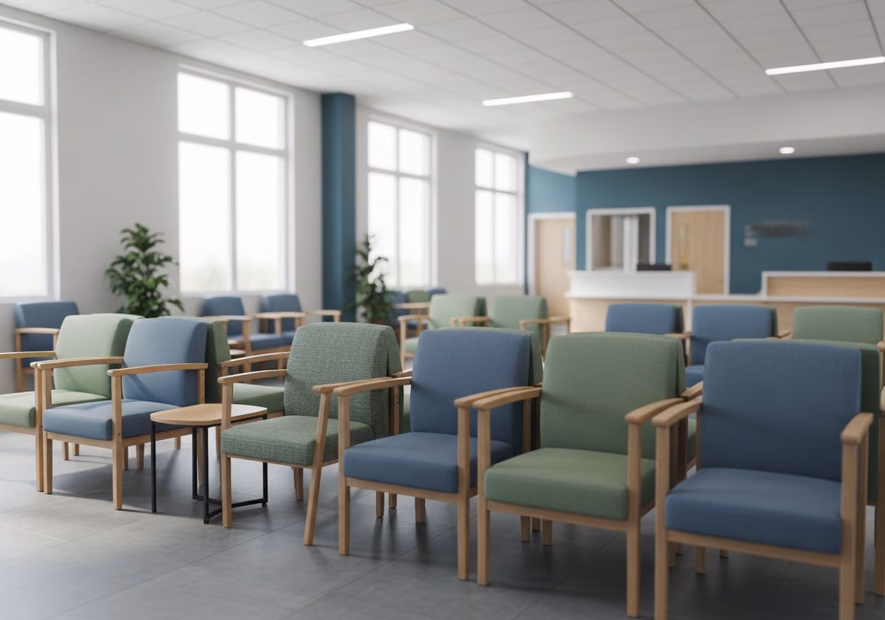 Imagen de la sala de espera de una clínica de salud comunitaria moderna, sillas tapizadas en tonos azules y verdes apagados, luz natural tenue que entra por ventanas altas, mostrador de recepción en tonos suaves.