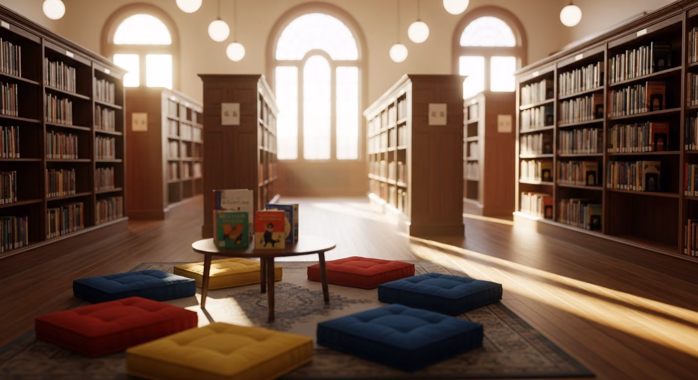 Plano interior de una biblioteca pública comunitaria, con altas estanterías de madera repletas de libros y una zona de lectura infantil con cojines bajos y coloridos, todo ello desenfocado.
