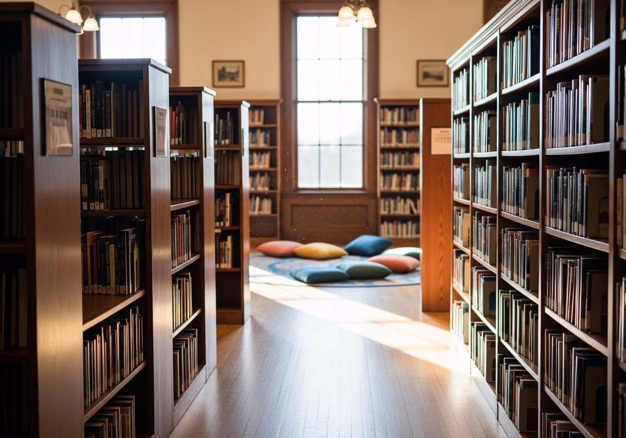 Interior de una biblioteca pública comunitaria con altas estanterías de madera repletas de libros y una zona de lectura infantil con iluminación tenue y cojines bajos de colores.
