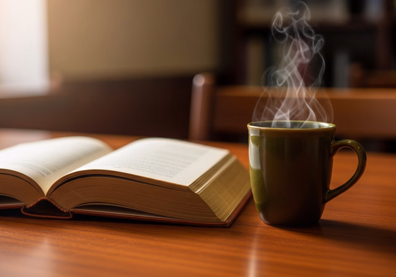 Primer plano de un libro de tapa dura abierto sobre una mesa de biblioteca de madera junto a una taza de cerámica humeante, con la suave luz de la ventana de la tarde, tonos cálidos y terrosos, sin texto legible.
