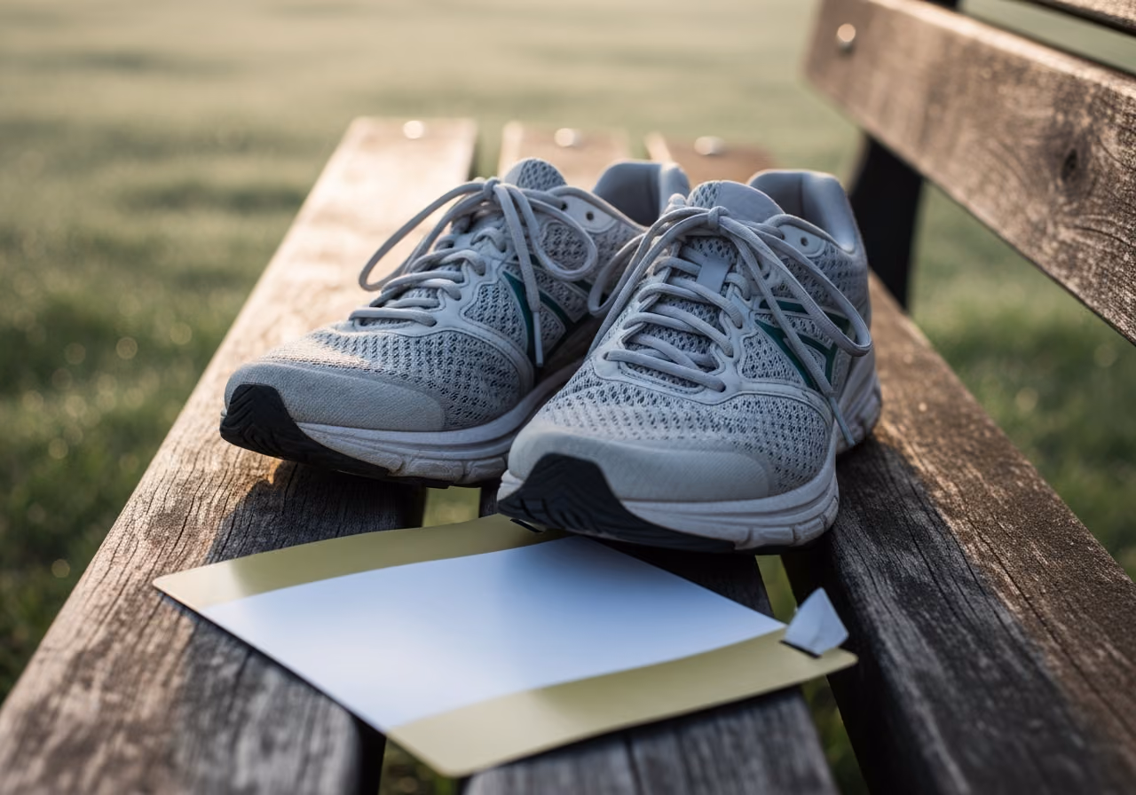 Nahaufnahme von geschnürten Laufschuhen auf einer hölzernen Parkbank neben einer gefalteten Startnummer ohne lesbare Nummern oder Text, sanftes Licht des frühen Morgens, taunasses Gras im Hintergrund.