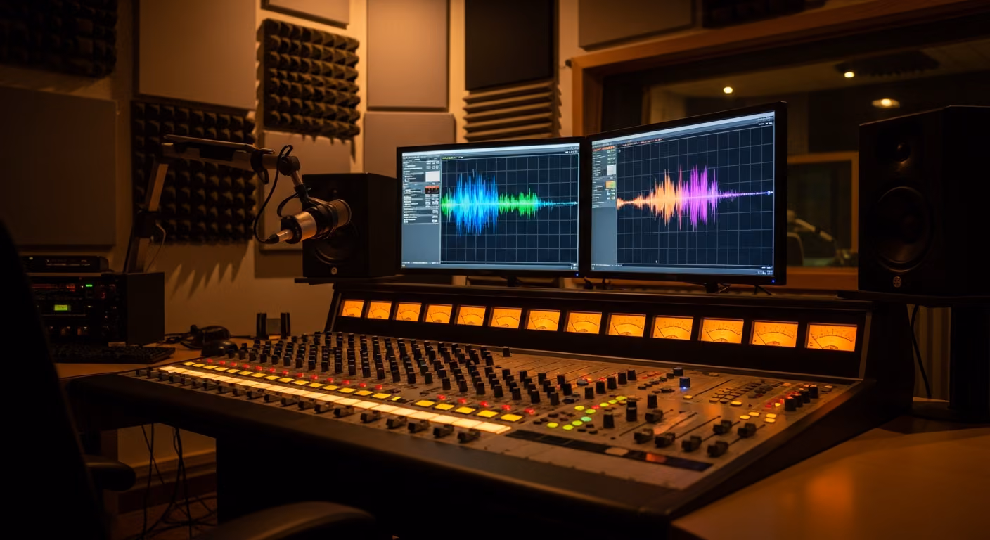Plano de la sala de control de un estudio de radio comunitario por la noche, consola de mezcla iluminada con faders retroiluminados, aislamiento acústico en las paredes, dos pantallas de monitor con.