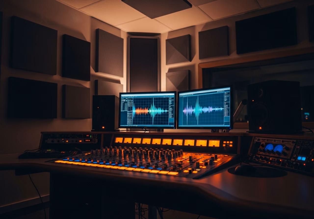 Imagen nocturna de la sala de control de un estudio de radio comunitario, con una mesa de mezclas iluminada, faders retroiluminados, aislamiento acústico en las paredes y dos pantallas de monitor.