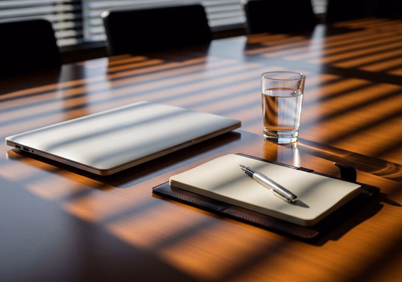 Primer plano de una mesa de madera en una sala de conferencias con un ordenador portátil cerrado, un bloc de notas con una pluma estilográfica encima y un vaso de agua, con la suave luz de la tarde filtrándose a través de ella.