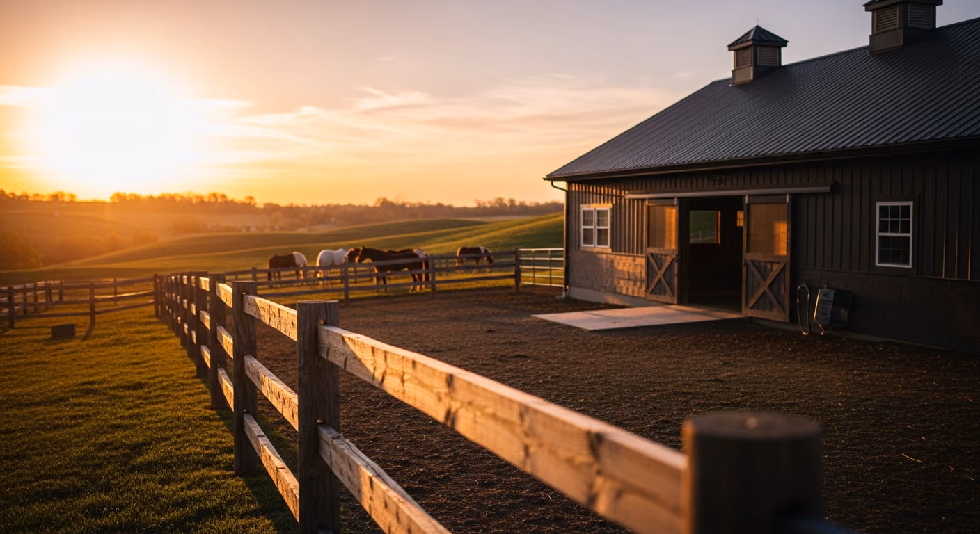 Fotografía de un santuario de animales con estilo de granero al atardecer, con una cerca de madera de postes y travesaños en primer plano, un pastizal ondulado y algunos caballos pastando en un plano desenfocado.
