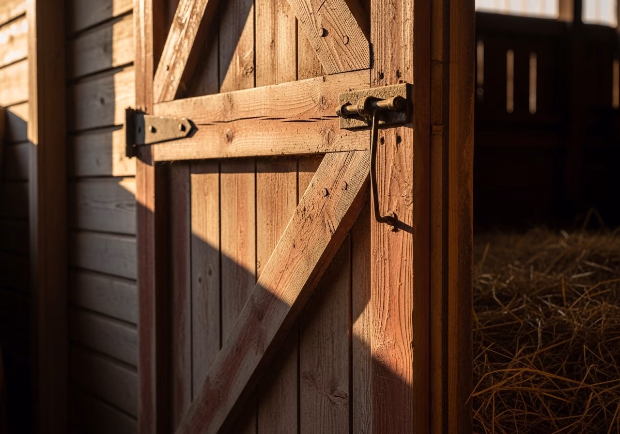 Primer plano de una puerta de granero de madera ligeramente entreabierta con una suave cama de heno visible en el interior, iluminación lateral suave de la tarde, tonos cálidos y terrosos, no se ven animales, no.