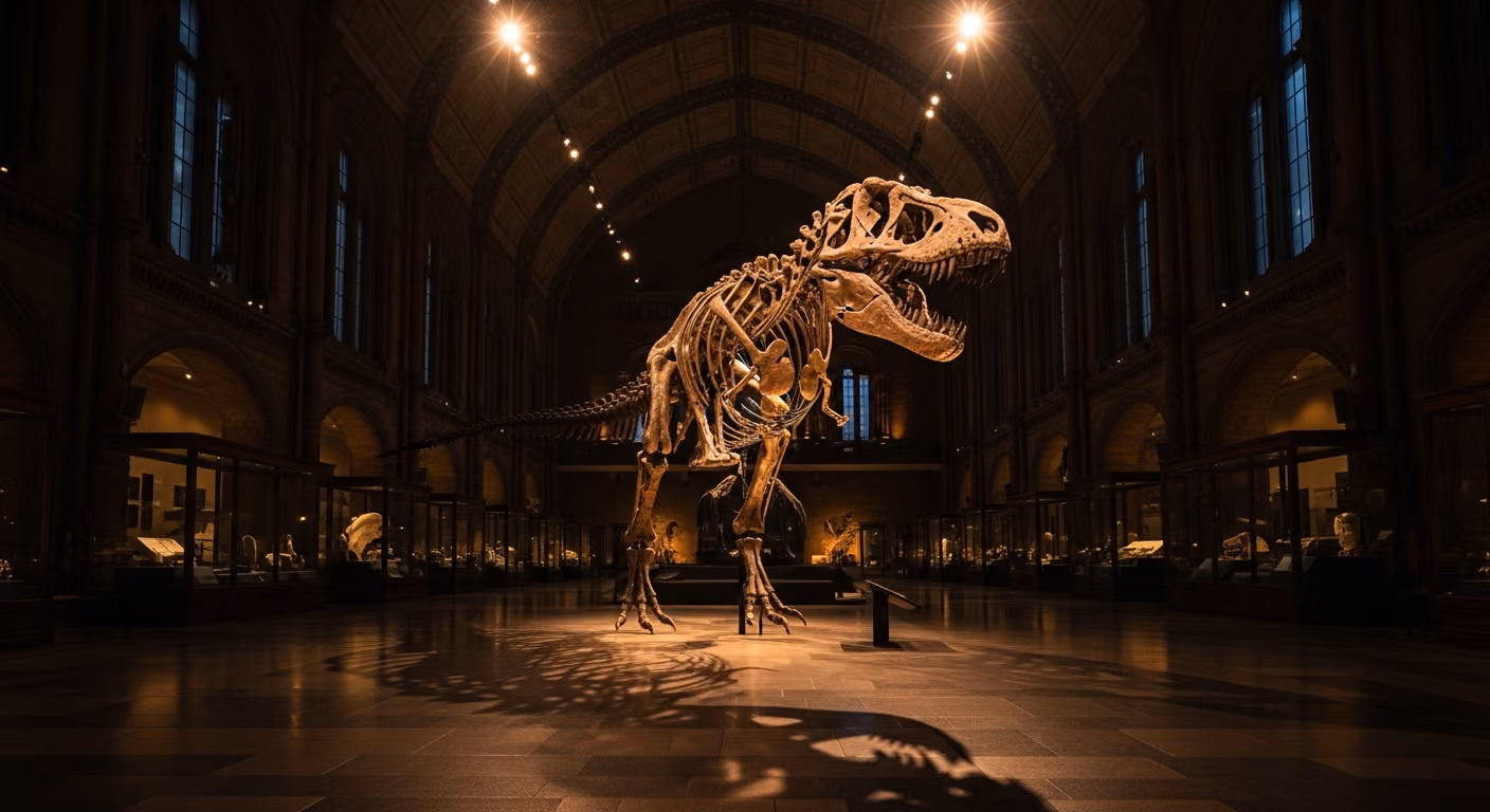 Vista interior de una galería de un museo de historia natural, con un gran esqueleto de dinosaurio montado en el centro de la sala bajo una iluminación cálida y dirigida, sobre piedra pulida.