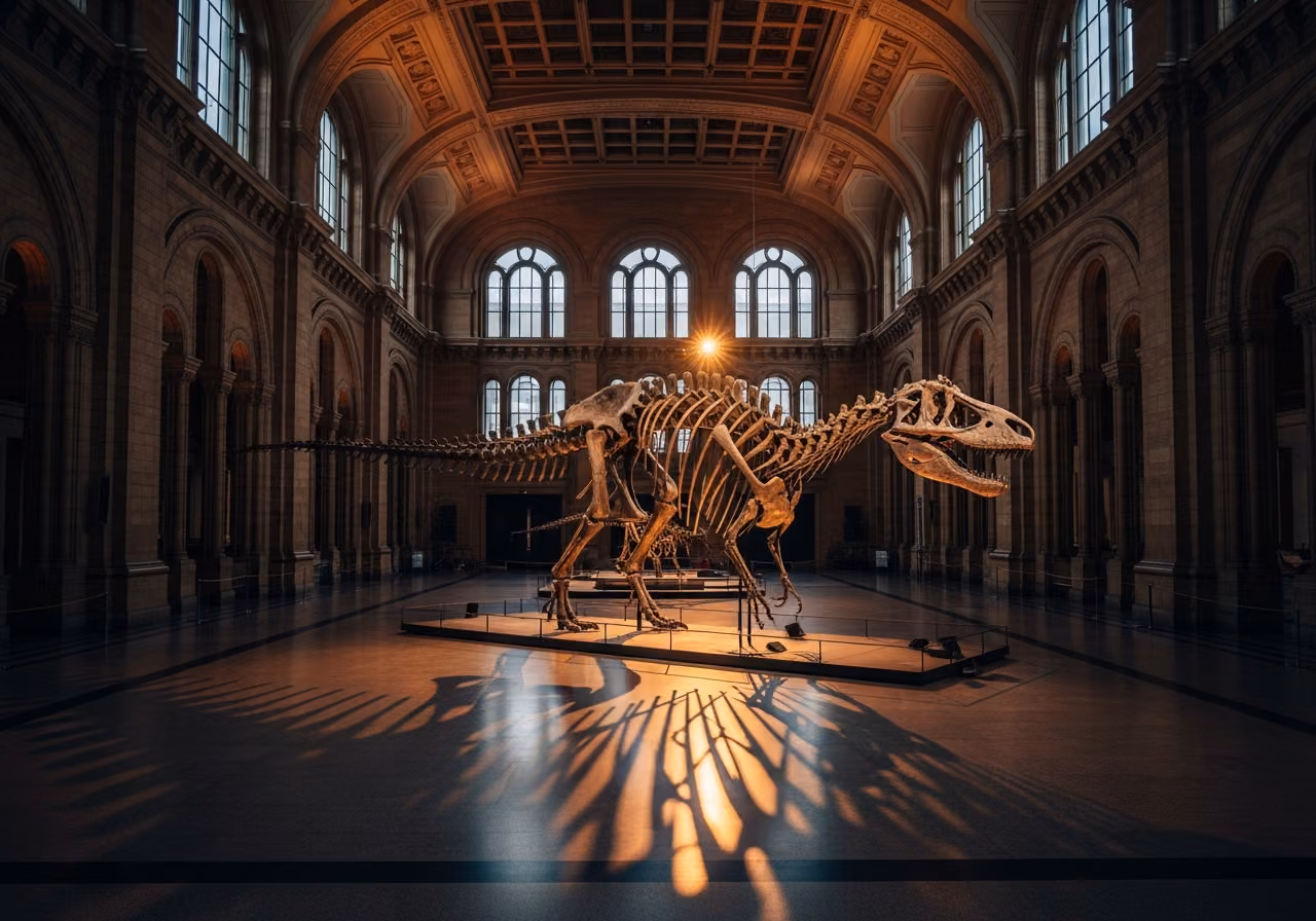 Vista interior de una galería de un museo de historia natural con un gran esqueleto de dinosaurio montado en el centro de la sala bajo una iluminación cálida y dirigida, sobre piedra pulida.