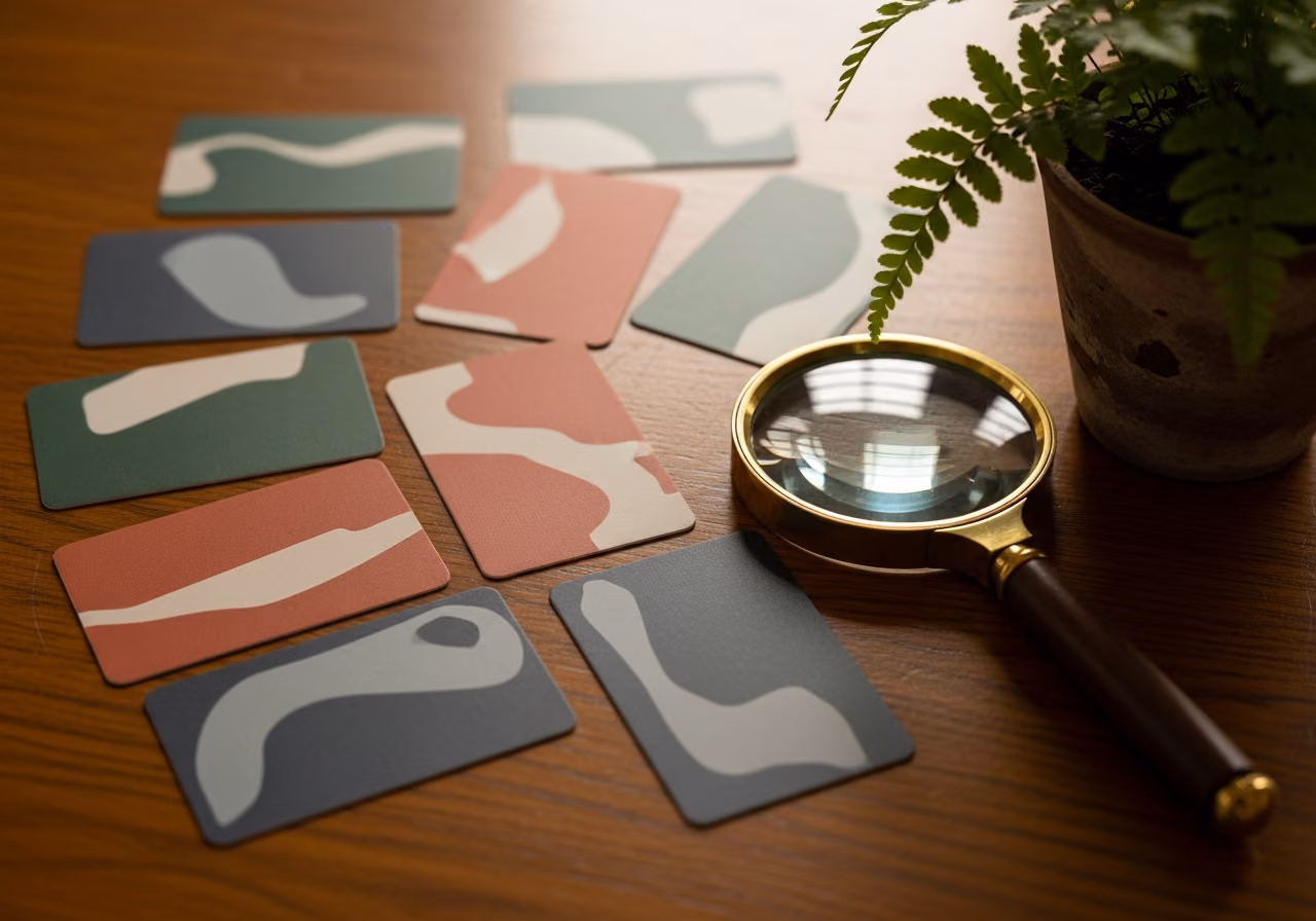 Primer plano de tarjetas de membresía del museo extendidas sobre una mesa de madera junto a una lupa de latón y un pequeño helecho en una maceta, iluminación tenue estilo museo, no.