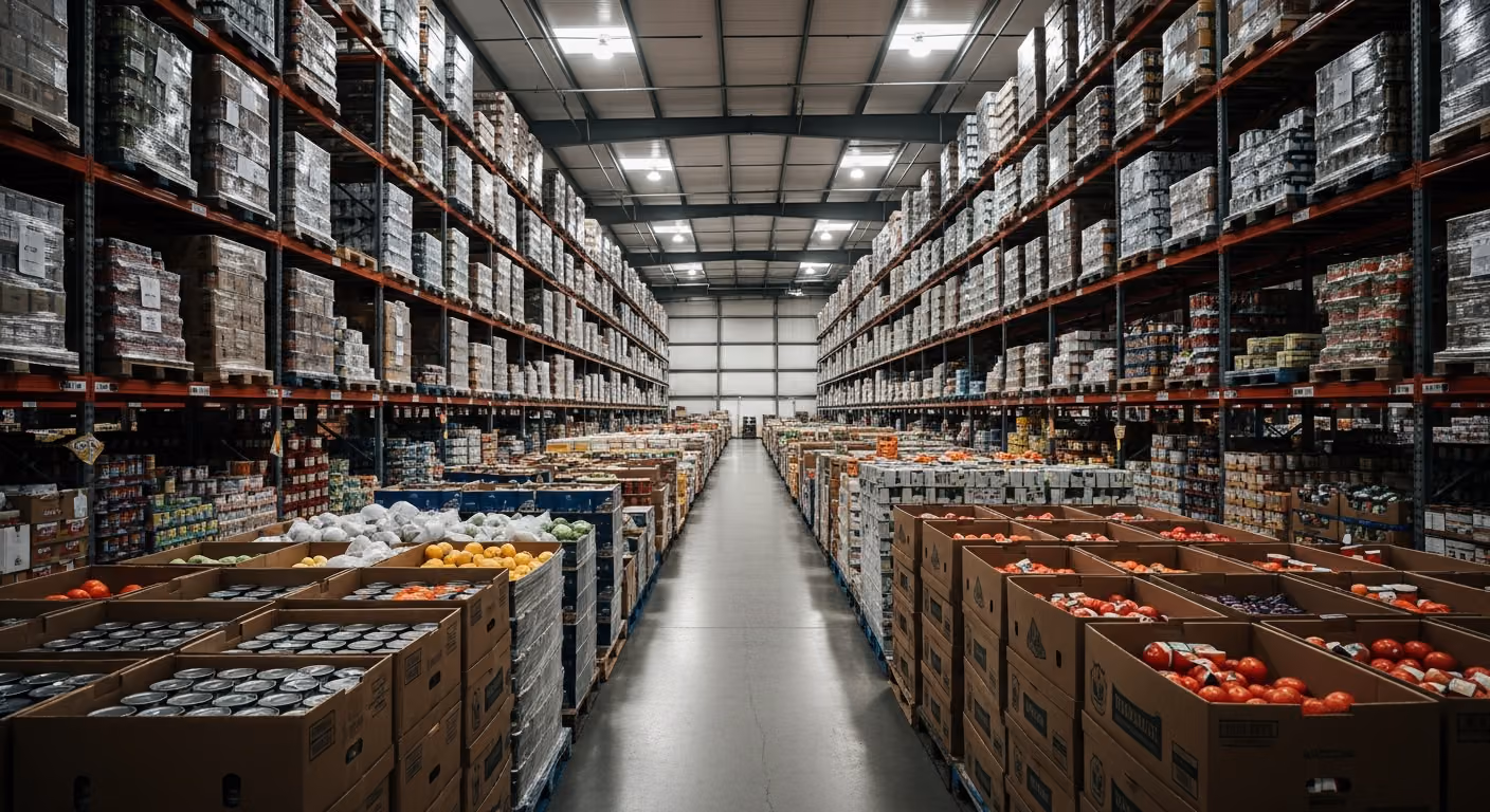 Interior de un gran almacén de un banco de alimentos, palés de productos enlatados y productos frescos en cajas de cartón apilados ordenadamente bajo iluminación industrial, con un amplio espacio central.