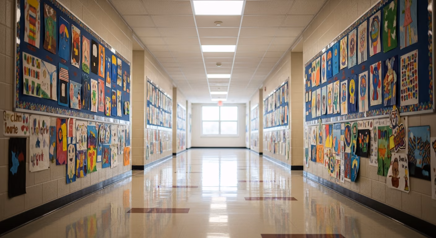 Plano de un pasillo de una escuela primaria con murales de alumnos en los tablones de anuncios, luz natural tenue que entra por las ventanas al final del pasillo y azulejos pulidos.