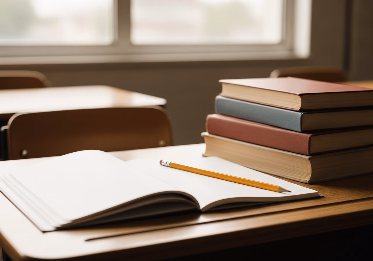 Aufnahme eines hölzernen Schultisches mit einem offenen Notizbuch, einem Bleistift und einem Stapel Taschenbüchern durch ein Fenster, weichgezeichnet, warme, gedeckte Farbpalette, Nr.